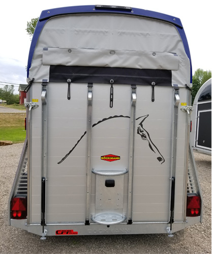 Rear Ramp of Champion R Horse trailer with canvas screen showing wind screen open